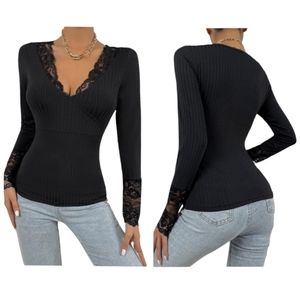Shein Womens V Neck Lace Trim Rib Knit Long Sleeve Casual Tops 0XL